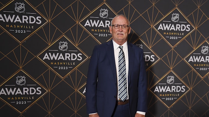Jun 26, 2023; Nashville, Tennessee, USA; New Jersey Devils head coach Lindy Ruff arrives on the red carpet before the 2023 NHL Awards at Bridgestone Arena. Mandatory Credit: Christopher Hanewinckel-Imagn Images