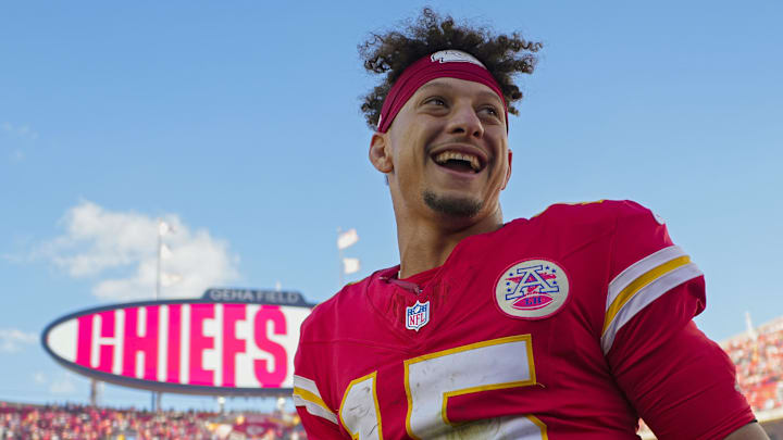Nov 10, 2024; Kansas City, Missouri, USA; Kansas City Chiefs quarterback Patrick Mahomes (15) celebrates after defeating the Denver Broncos at GEHA Field at Arrowhead Stadium. Mandatory Credit: Jay Biggerstaff-Imagn Images