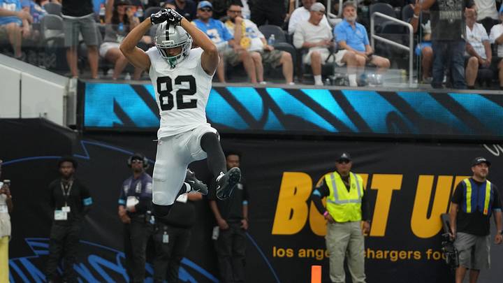 Sep 20, 2026; Inglewood, California, USA; Las Vegas Raiders wide receiver Cody White (82) celebrates after scoring a touchdown against the Los Angeles Chargers during the second half at SoFi Stadium. Mandatory Credit: Kirby Lee-Imagn Images Sep 20, 2026; Inglewood, California, USA; Las Vegas Raiders wide receiver Cody White (82) celebrates after scoring a touchdown against the Los Angeles Chargers during the second half at SoFi Stadium. Mandatory Credit: Kirby Lee-Imagn Images
