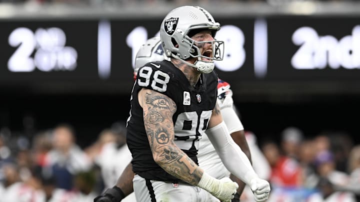Oct 15, 2023; Paradise, Nevada, USA; Las Vegas Raiders defensive end Maxx Crosby (98) reacts to a play against the New England Patriots in the second quarter at Allegiant Stadium. Mandatory Credit: Candice Ward-Imagn Images