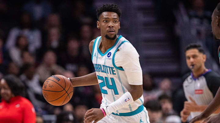 Feb 28, 2026; Charlotte, North Carolina, USA; Charlotte Hornets forward Brandon Miller (24) brings the ball up court against the Portland Trail Blazers during the first quarter at Spectrum Center. Mandatory Credit: Scott Kinser-Imagn Images