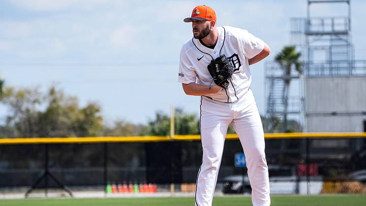 Detroit Tigers pitcher Konnor Pilkington throws at live batting practice during spring training at TigerTown in Lakeland, Fla. on Thursday, Feb. 19, 2026.