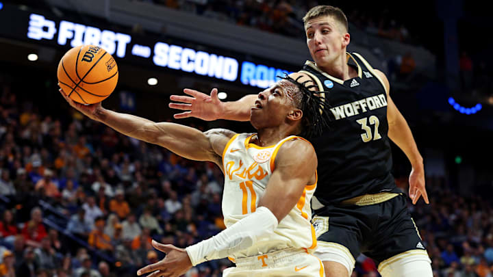 Mar 20, 2025; Lexington, KY, USA; Tennessee Volunteers guard Jordan Gainey (11) shoots the ball against Wofford Terriers forward Jeremy Lorenz (32) during the first half in the first round of the NCAA Tournament at Rupp Arena. Mandatory Credit: Jordan Prather-Imagn Images Mar 20, 2025; Lexington, KY, USA; Tennessee Volunteers guard Jordan Gainey (11) shoots the ball against Wofford Terriers forward Jeremy Lorenz (32) during the first half in the first round of the NCAA Tournament at Rupp Arena. Mandatory Credit: Jordan Prather-Imagn Images