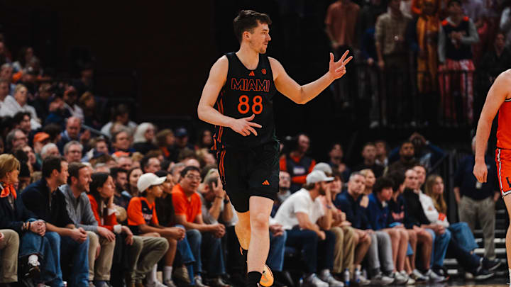 Feb 21, 2026; Charlottesville, Virginia, USA; Miami (FL) Hurricanes forward Timo Malovec (88) celebrates during the second half against the Virginia Cavaliers at John Paul Jones Arena. 