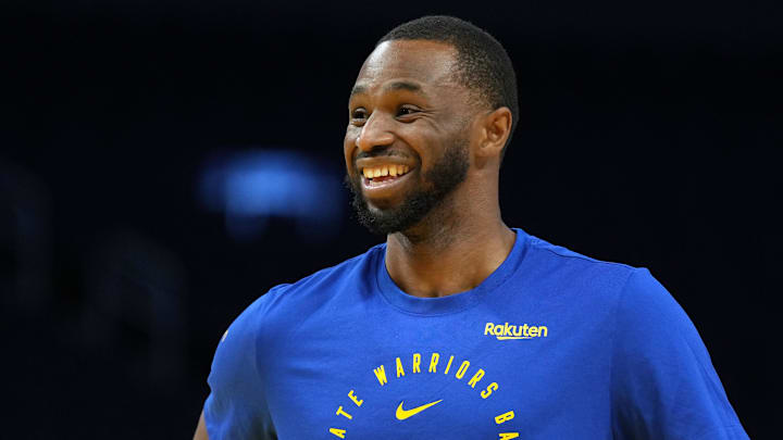 USA; Golden State Warriors forward Andrew Wiggins (22) warms up before the game against the Dallas Mavericks at Chase Center. Mandatory Credit: Darren Yamashita-Imagn Images