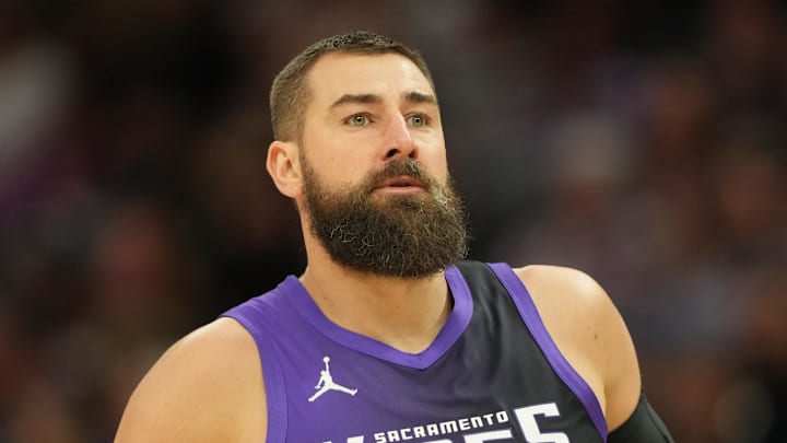 Apr 11, 2025; Sacramento, California, USA; Sacramento Kings center Jonas Valanciunas (17) during the third quarter against the Los Angeles Clippers at Golden 1 Center. Mandatory Credit: Darren Yamashita-Imagn Images