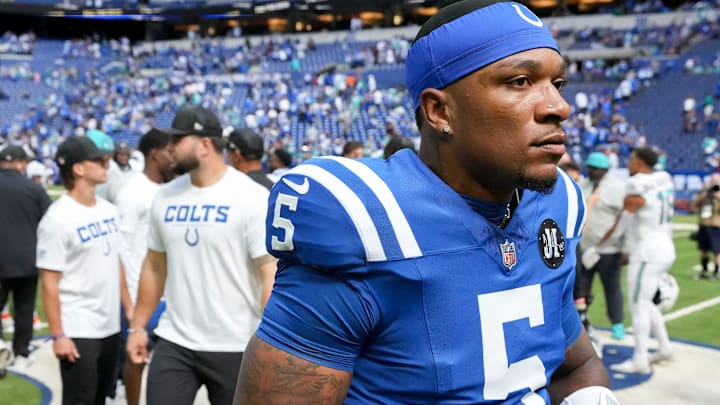Indianapolis Colts quarterback Anthony Richardson Sr. (5) leaves the field following a game against the Miami Dolphins on Sunday, Sept. 7, 2025, at Lucas Oil Stadium in Indianapolis. The Colts defeated the Dolphins 33-8.