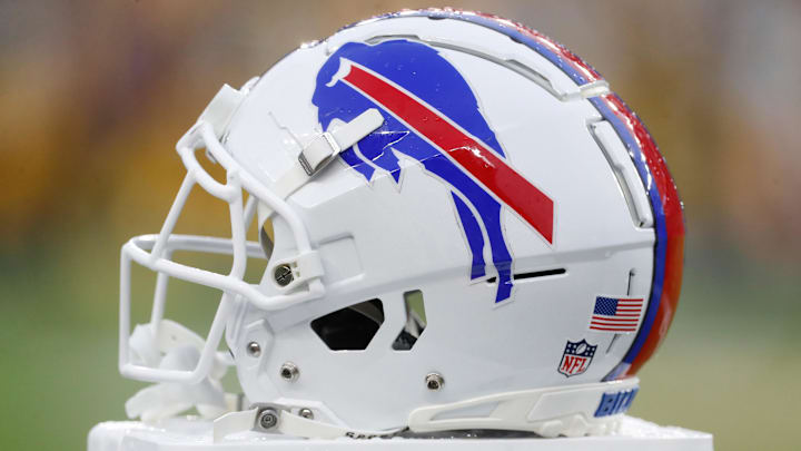 Aug 17, 2024; Pittsburgh, Pennsylvania, USA;  A Buffalo Bills helmet on the sidelines against the Pittsburgh Steelers during the second quarter at Acrisure Stadium. Mandatory Credit: Charles LeClaire-Imagn Images