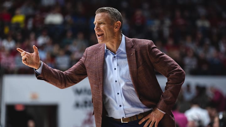 Jan 25, 2025; Tuscaloosa, Alabama, USA; Alabama Crimson Tide head coach Nate Oats directs his team during the first half against the LSU Tigers at Coleman Coliseum. Mandatory Credit: Will McLelland-Imagn Images