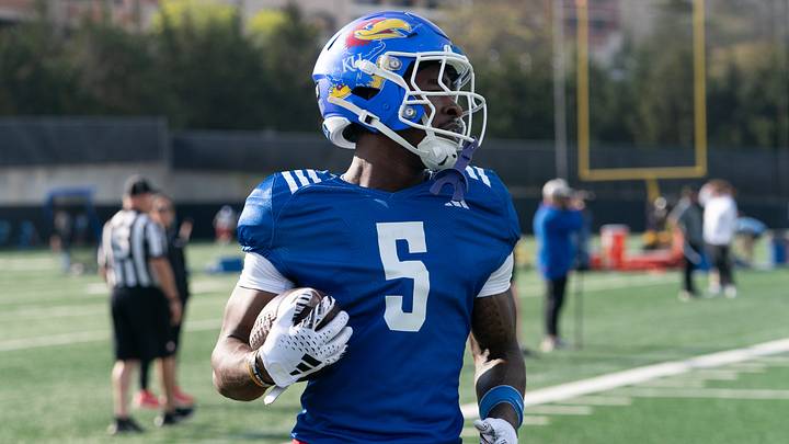Kansas redshirt senior wide receiver Nik McMillan (5) works through drills during practice at the University of Kansas on Thursday, April 9, 2026.