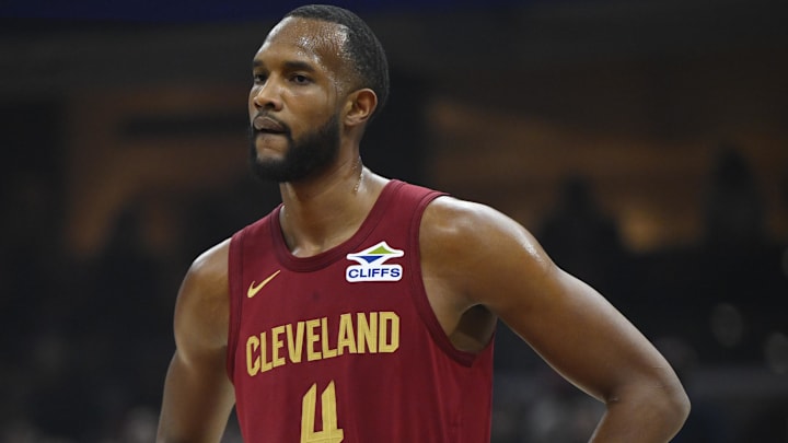 Jan 9, 2025; Cleveland, Ohio, USA; Cleveland Cavaliers forward Evan Mobley (4) stands on the court in the first quarter against the Toronto Raptors at Rocket Mortgage FieldHouse. Mandatory Credit: David Richard-Imagn Images