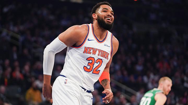 Apr 9, 2026; New York, New York, USA; New York Knicks center Karl-Anthony Towns (32) reacts during the first half against the Boston Celtics at Madison Square Garden. Mandatory Credit: Lucas Boland-Imagn Images