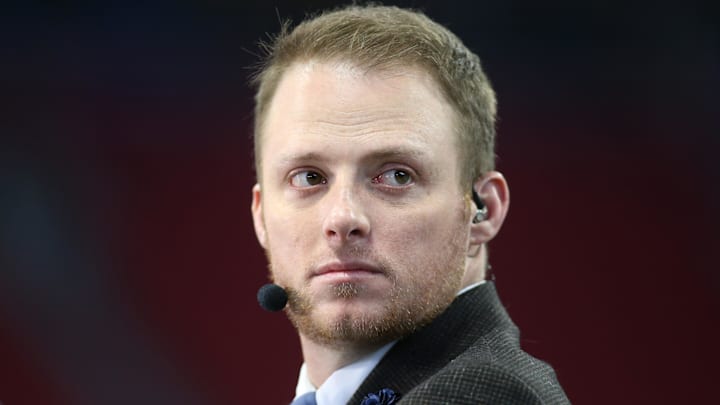 Dec 28, 2019; Atlanta, Georgia, USA; ESPN commentator Greg McElroy looks on before the 2019 Peach Bowl college football playoff semifinal game between the LSU Tigers and the Oklahoma Sooners at Mercedes Benz Stadium. Mandatory Credit: Brett Davis-Imagn Images Dec 28, 2019; Atlanta, Georgia, USA; ESPN commentator Greg McElroy looks on before the 2019 Peach Bowl college football playoff semifinal game between the LSU Tigers and the Oklahoma Sooners at Mercedes Benz Stadium. Mandatory Credit: Brett Davis-Imagn Images