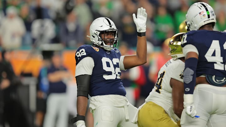 Former Penn State Nittany Lions defensive end Smith Vilbert (92) celebrates a play in the first half against the Notre Dame Fighting Irish in the Orange Bowl.