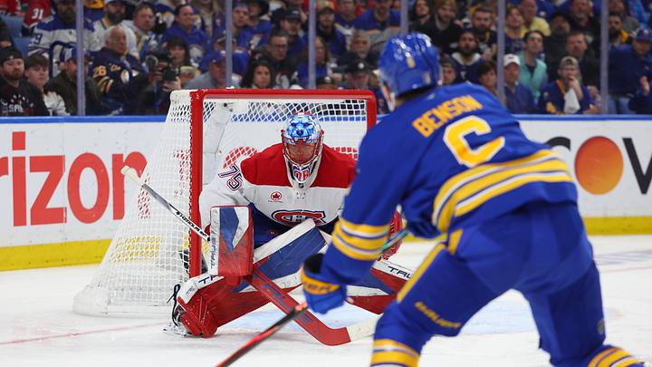 May 6, 2026; Buffalo, New York, USA; Buffalo Sabres left wing Zach Benson (6) looks to take a shot on Montréal Canadiens goaltender Jakub Dobes (75) during the second period in game one of the second round of the 2026 Stanley Cup Playoffs at KeyBank Center. Mandatory Credit: Timothy T. Ludwig-Imagn Images