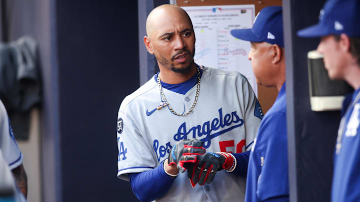 May 4, 2025; Atlanta, Georgia, USA; Los Angeles Dodgers shortstop Mookie Betts (50) in the dugout before a game against the Atlanta Braves at Truist Park. Mandatory Credit: Brett Davis-Imagn Images May 4, 2025; Atlanta, Georgia, USA; Los Angeles Dodgers shortstop Mookie Betts (50) in the dugout before a game against the Atlanta Braves at Truist Park. Mandatory Credit: Brett Davis-Imagn Images