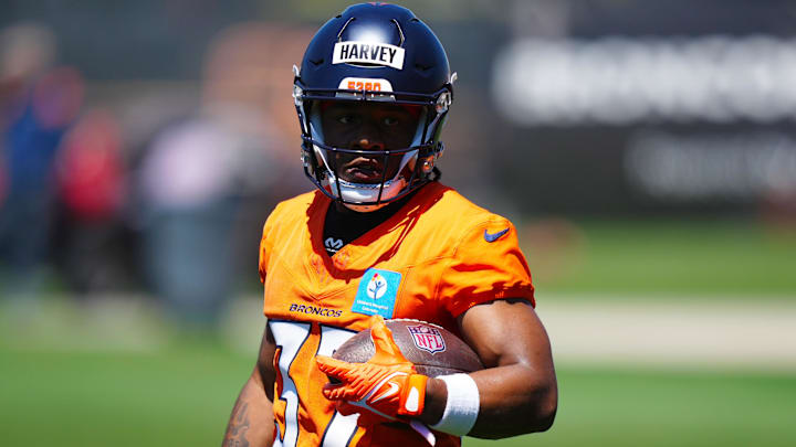 May 10, 2025; Englewood, CO, USA; Denver Broncos running back RJ Harvey (37) during rookie minicamp at Broncos Park Powered by CommonSpirit. May 10, 2025; Englewood, CO, USA; Denver Broncos running back RJ Harvey (37) during rookie minicamp at Broncos Park Powered by CommonSpirit.
