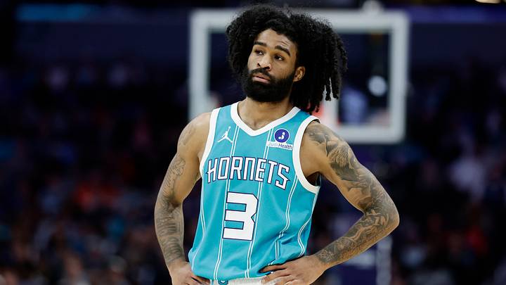 Mar 19, 2026; Charlotte, North Carolina, USA; Charlotte Hornets guard Coby White (3) stands on the court during the third quarter against the Orlando Magic at Spectrum Center. Mandatory Credit: Brian Westerholt-Imagn Images