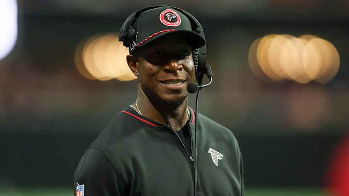 Aug 23, 2024; Atlanta, Georgia, USA; Atlanta Falcons head coach Raheem Morris on the sideline against the Jacksonville Jaguars in the second half at Mercedes-Benz Stadium.