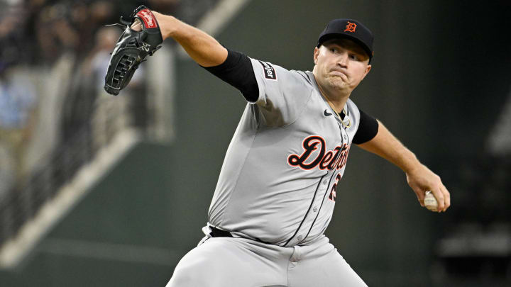 Jun 3, 2024; Arlington, Texas, USA; Detroit Tigers starting pitcher Tarik Skubal (29) pitches against the Texas Rangers during the first inning at Globe Life Field. Mandatory Credit: Jerome Miron-USA TODAY Sports