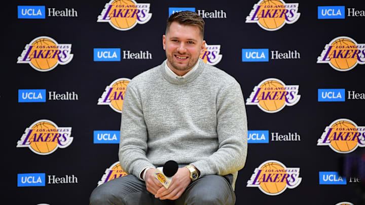 Los Angeles Lakers guard Luka Doncic is introduced at UCLA Health Training Center.