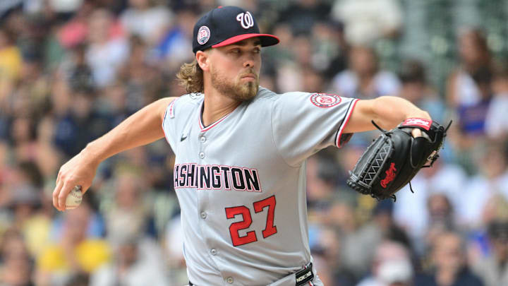 Jul 13, 2025; Milwaukee, Wisconsin, USA; Washington Nationals starting pitcher Jake Irvin (27) throws a pitch in the first inning against the Milwaukee Brewers at American Family Field. Mandatory Credit: Benny Sieu-Imagn Images