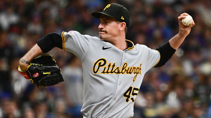 Jun 24, 2025; Milwaukee, Wisconsin, USA; Pittsburgh Pirates starting pitcher Andrew Heaney (45) throws a pitch in the first inning against the Milwaukee Brewers at American Family Field. Mandatory Credit: Benny Sieu-Imagn Images