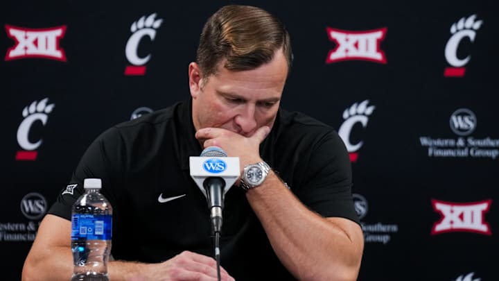 Jan 17, 2026; Cincinnati, Ohio, USA;  Iowa State Cyclones head coach T.J. Otzelberger answers questions from the media after his team’s game against Cincinnati Bearcats at Fifth Third Arena.