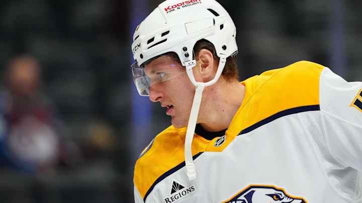Jan 16, 2026; Denver, Colorado, USA; Nashville Predators right wing Michael McCarron (47) before the game against the Colorado Avalanche at Ball Arena. Mandatory Credit: Ron Chenoy-Imagn Images