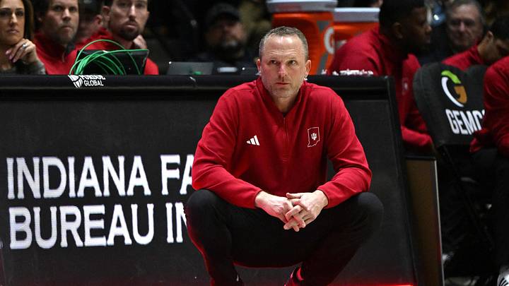 Feb 20, 2026; West Lafayette, Indiana, USA; Indiana Hoosiers head coach Darian Devries during the second half against the Purdue Boilermakers at Mackey Arena. Mandatory Credit: Marc Lebryk-Imagn Images