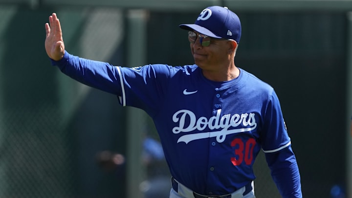 Mar 8, 2025; Phoenix, Arizona, USA; Los Angeles Dodgers manager Dave Roberts (30) before a game against the Chicago White Sox at Camelback Ranch-Glendale. Mandatory Credit: Rick Scuteri-Imagn Images