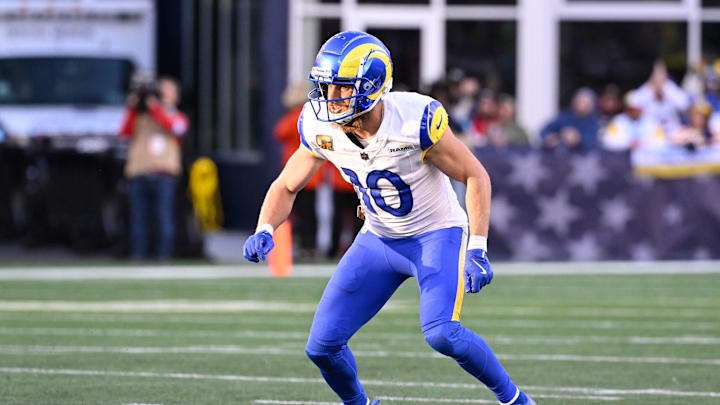 Nov 17, 2024; Foxborough, Massachusetts, USA; Los Angeles Rams wide receiver Cooper Kupp (10) lines up against the New England Patriots during the second half at Gillette Stadium. Mandatory Credit: Eric Canha-Imagn Images