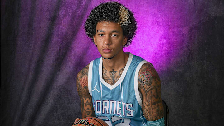 Charlotte Hornets guard Tre Mann (23) poses for photos at Charlotte Hornets Media Day.