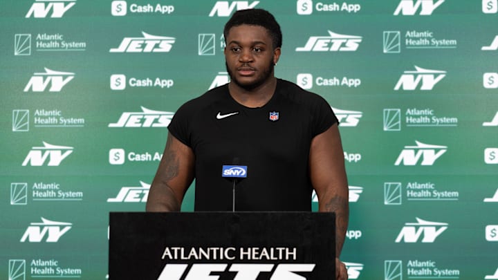 May 9, 2025; Florham Park, NJ, USA; New York Jets rookie offensive tackle Armand Membou (70) takes questions from the media during the minicamp at Atlantic Health Jets Training Center. Mandatory Credit: Thomas Salus-Imagn Images May 9, 2025; Florham Park, NJ, USA; New York Jets rookie offensive tackle Armand Membou (70) takes questions from the media during the minicamp at Atlantic Health Jets Training Center. Mandatory Credit: Thomas Salus-Imagn Images