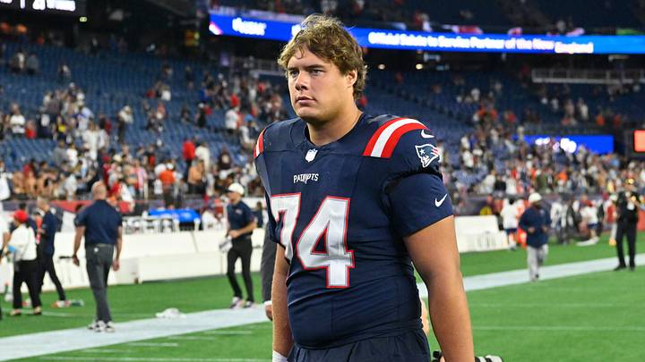 Aug 13, 2026; Foxborough, Massachusetts, USA; New England Patriots offensive tackle Caleb Lomu (74) leaves the field after a game against the Indianapolis Colts at Gillette Stadium. Mandatory Credit: Eric Canha-Imagn Images