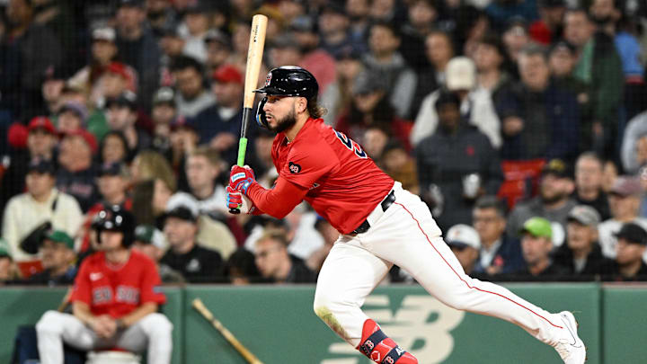 Boston Red Sox right fielder Wilyer Abreu (52) hits a single against the Minnesota Twins during the fourth inning at Fenway Park. Boston Red Sox right fielder Wilyer Abreu (52) hits a single against the Minnesota Twins during the fourth inning at Fenway Park.