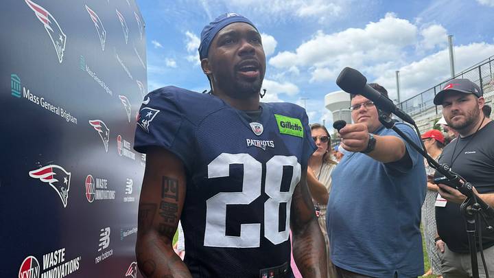 New England Patriots cornerback Kindle Vildor speaks to the media at training camp.