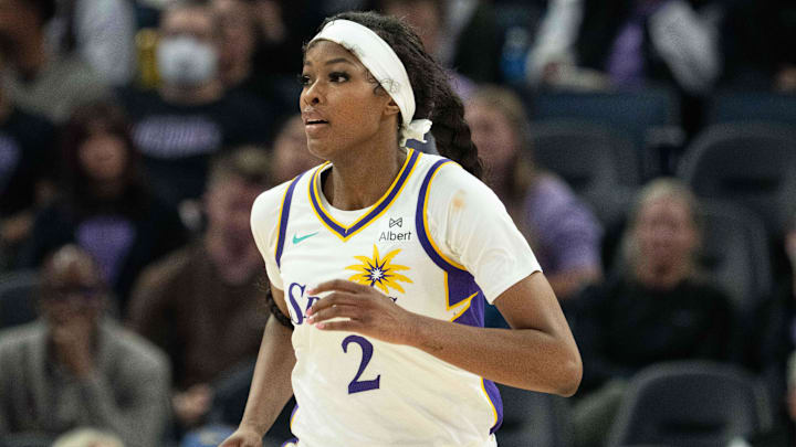 May 6, 2025; San Francisco, CA, USA; Los Angeles Sparks forward Rickea Jackson (2) during the first quarter against the Golden State Valkyries at Chase Center. Mandatory Credit: Kyle Terada-Imagn Images