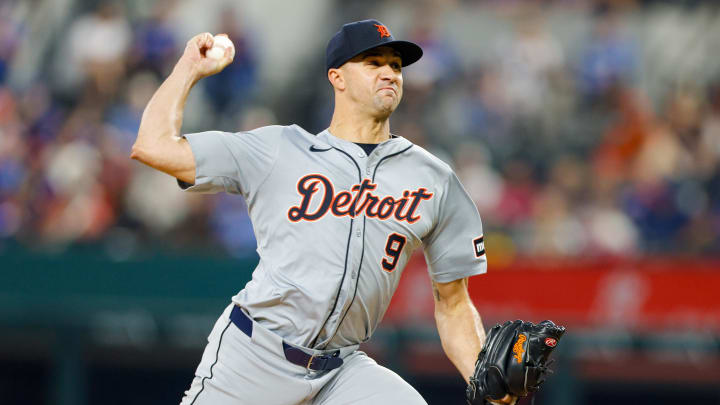 Jun 4, 2024; Arlington, Texas, USA; Detroit Tigers pitcher Jack Flaherty (9) throws during the fourth inning against the Texas Rangers at Globe Life Field. Mandatory Credit: Andrew Dieb-USA TODAY Sports