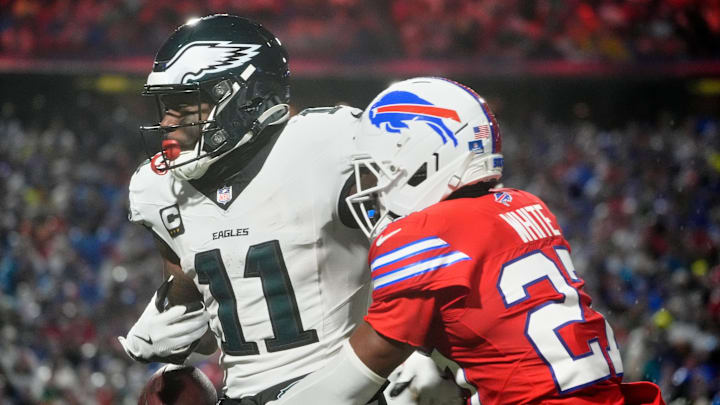 Dec 28, 2025; Orchard Park, New York, USA; Buffalo Bills cornerback Tre'Davious White (27) breaks up a pass intended for Philadelphia Eagles wide receiver A.J. Brown (11) during the second quarter at Highmark Stadium. Mandatory Credit: Gregory Fisher-Imagn Images