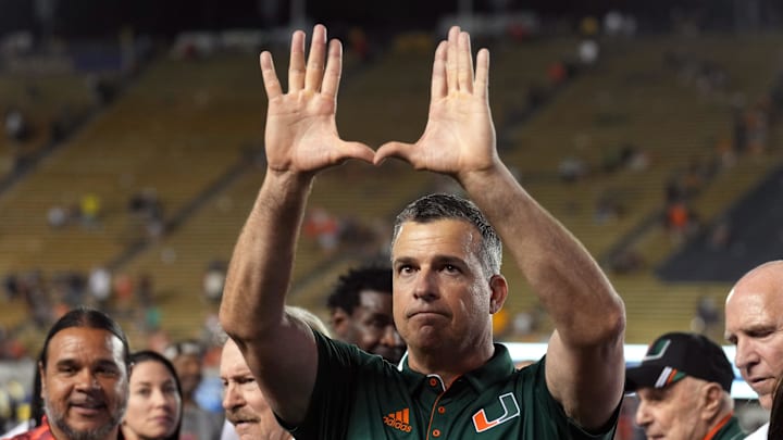 Miami Hurricanes head coach Mario Cristobal gestures after defeating the California Golden Bears at California Memorial Stadium. 