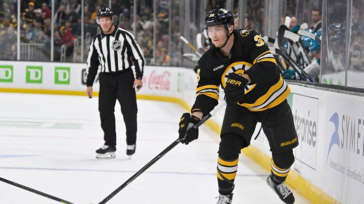 Oct 24, 2026; Boston, Massachusetts, USA; Boston Bruins center Morgan Geekie (39) passes the puck during the third period against the San Jose Sharks at TD Garden. Mandatory Credit: Eric Canha-Imagn Images Oct 24, 2026; Boston, Massachusetts, USA; Boston Bruins center Morgan Geekie (39) passes the puck during the third period against the San Jose Sharks at TD Garden. Mandatory Credit: Eric Canha-Imagn Images