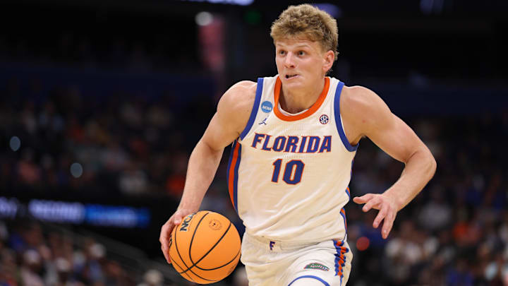 Mar 20, 2026; Tampa, FL, USA; Florida Gators forward Thomas Haugh (10) moves the ball during the first half against the Prairie View A&M Panthers during a first round game of the men's 2026 NCAA Tournament at Benchmark International Arena. Mandatory Credit: Nathan Ray Seebeck-Imagn Images