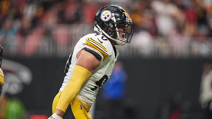 Sep 8, 2024; Atlanta, Georgia, USA; Pittsburgh Steelers linebacker T.J. Watt (90) reacts after stripping the ball from Atlanta Falcons quarterback Kirk Cousins (18) (not shown) at Mercedes-Benz Stadium. Mandatory Credit: Dale Zanine-Imagn Images