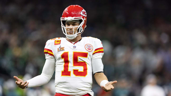 Kansas City Chiefs quarterback Patrick Mahomes (15) reacts against the Philadelphia Eagles in Super Bowl LIX at Ceasars Superdome. 
