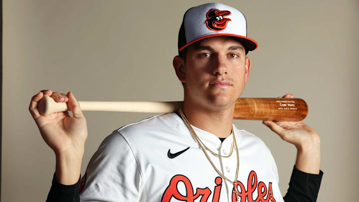 Feb 21, 2024; Sarasota, FL, USA; Baltimore Orioles infielder Coby Mayo (86) poses for a photo during photo day at Ed Smith Stadium. Feb 21, 2024; Sarasota, FL, USA; Baltimore Orioles infielder Coby Mayo (86) poses for a photo during photo day at Ed Smith Stadium.