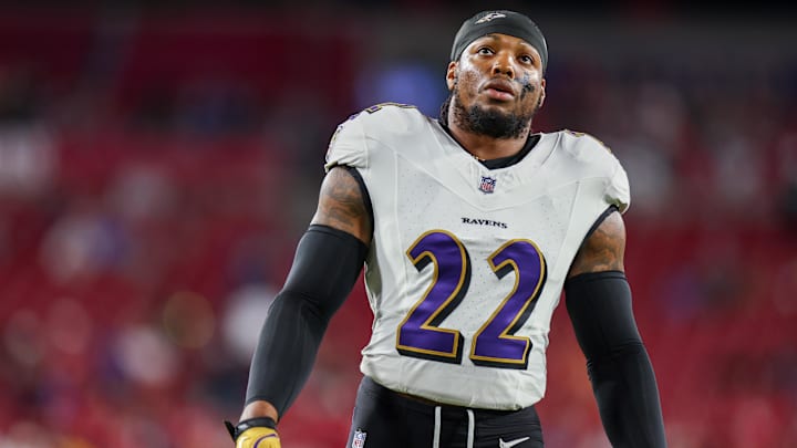 Oct 21, 2024; Tampa, Florida, USA; Baltimore Ravens running back Derrick Henry (22) warms up before a game against the Tampa Bay Buccaneers at Raymond James Stadium. Mandatory Credit: Nathan Ray Seebeck-Imagn Images