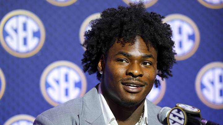 Texas Longhorns defensive end Colin Simmons speaks to the press during SEC Football Kickoff Media Day