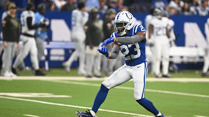 Oct 26, 2025; Indianapolis, Indiana, USA; Indianapolis Colts cornerback Kenny Moore II (23) celebrates a sack during the first quarter against the Tennessee Titans  at Lucas Oil Stadium. Mandatory Credit: Robert Goddin-Imagn Images