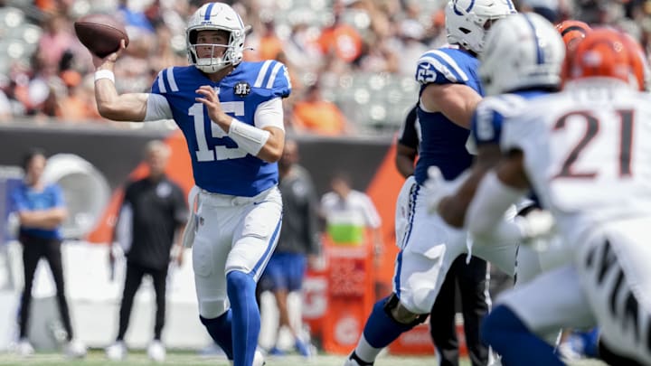 Aug 23, 2025; Cincinnati, Ohio, USA; Indianapolis Colts quarterback Riley Leonard (15) looks to pass in the game against the Cincinnati Bengals at Paycor Stadium. Mandatory Credit: Christine Tannous-USAToday Network via Imagn Images